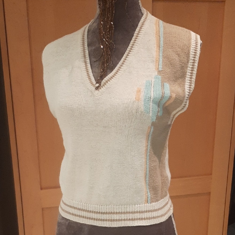 VINTAGE✌Santa Cruz CALI V-Neck Sweater/Vest in Cream☮BlueOrange Accents SIZE S